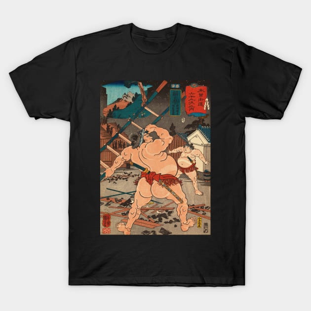 Sumo Wrestlers Mid Fight - Antique Japanese Ukiyo-e Woodblock Print Art T-Shirt by Click Here For More